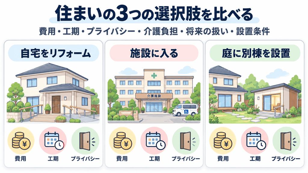 自宅のリフォーム、施設への入居、庭に別棟の介護ハウスを設置する方法の3つを同じ観点で比べる図