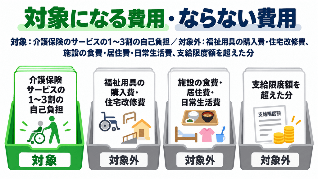 高額介護サービス費の対象になる1〜3割の自己負担と、対象外になる3種類の費用を仕分けた図