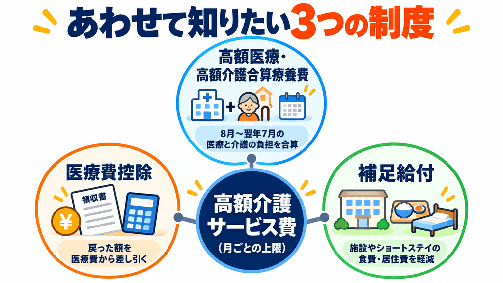 高額介護サービス費と、合算療養費・医療費控除・補足給付の関係を示した図