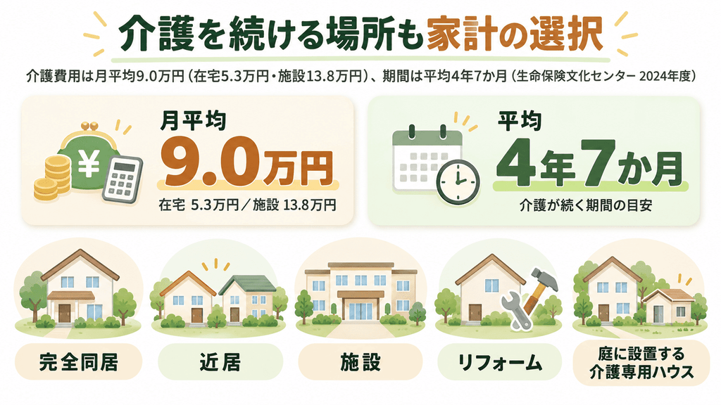 介護費用の月平均と介護期間の平均、同居・近居・施設・リフォーム・庭の別棟の5つの住まいの選択肢