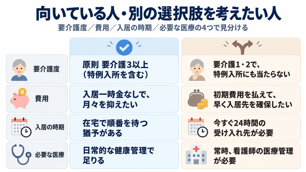 特養が向いている人と別の選択肢を検討したい人を4観点で対比した図解