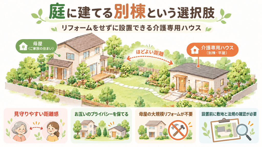 自宅の庭に設置する介護専用ハウス(別棟)と母屋の配置を描いた俯瞰イラスト