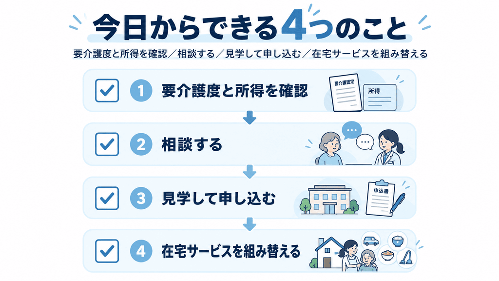 特養の検討を進めるために今日からできる4項目のチェックリスト図解