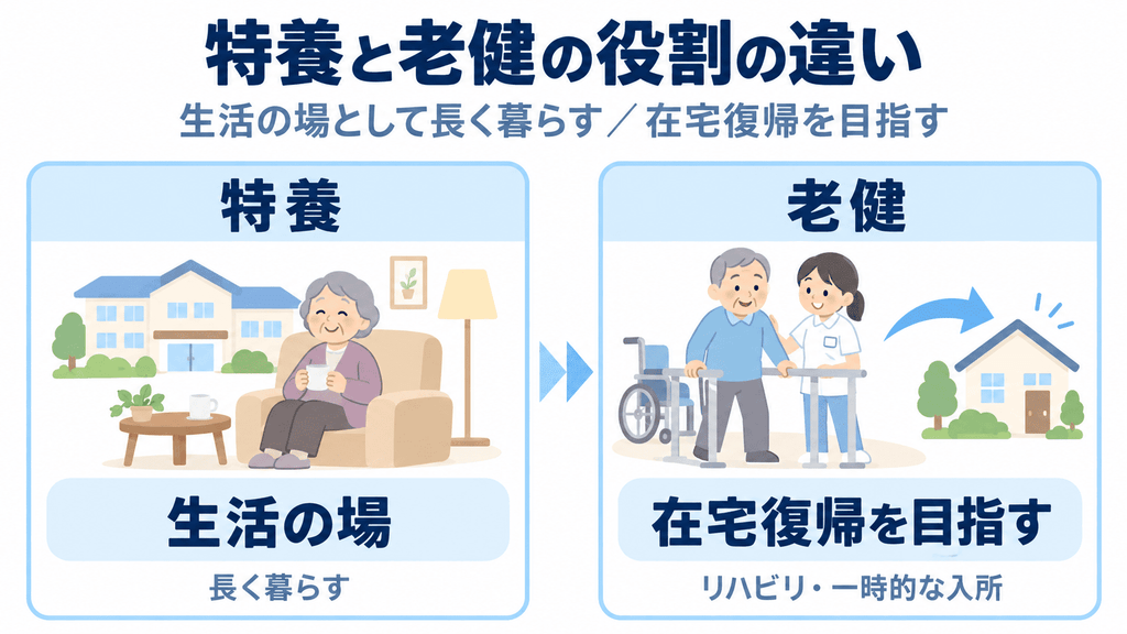 特養と介護老人保健施設の役割の違いを対比した図解
