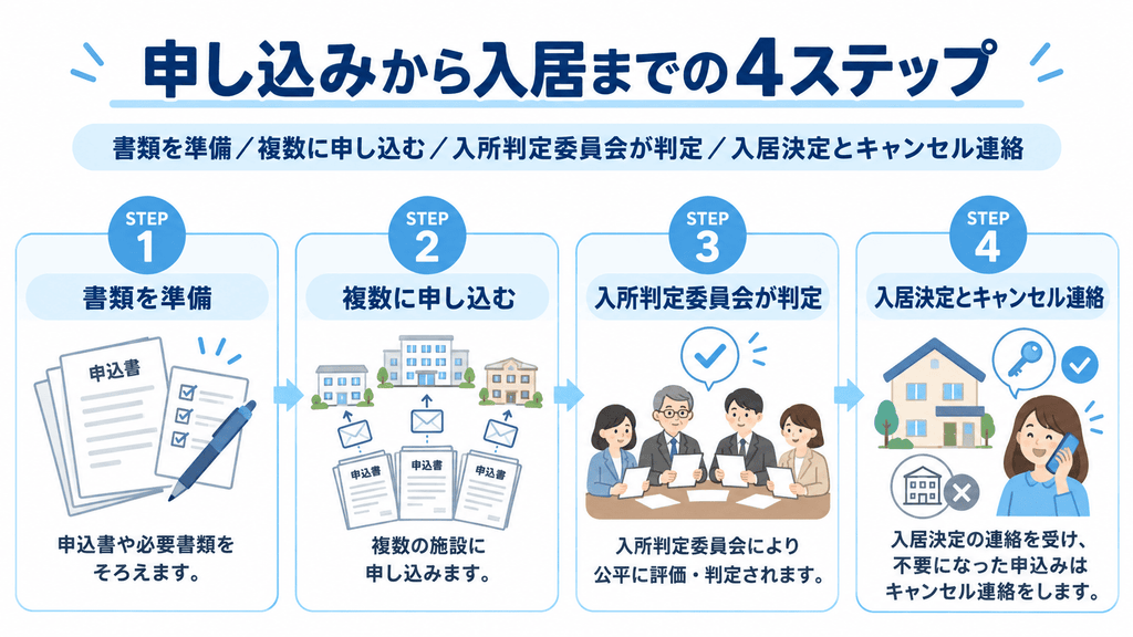 特養の申し込みから入居までの流れを4ステップで示したフロー図