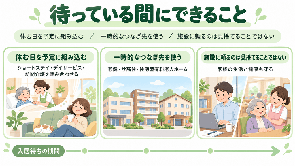 特養の入居を待つ間に家族がとれる3つの選択肢を示した図解