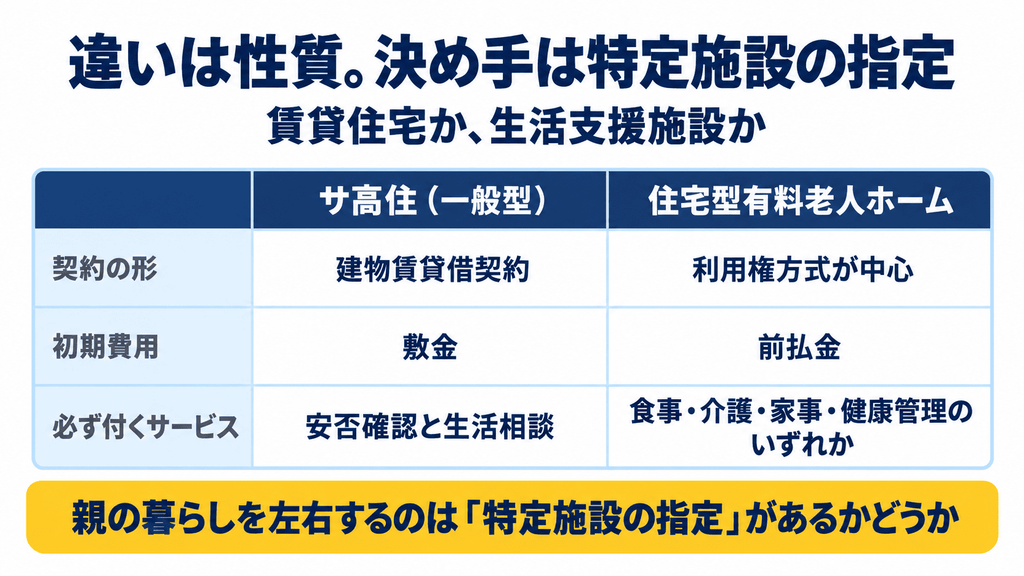 サ高住(一般型)と住宅型有料老人ホームの契約の形・初期費用・必ず付くサービスを比べたカードと、決め手は特定施設の指定であることを示した図
