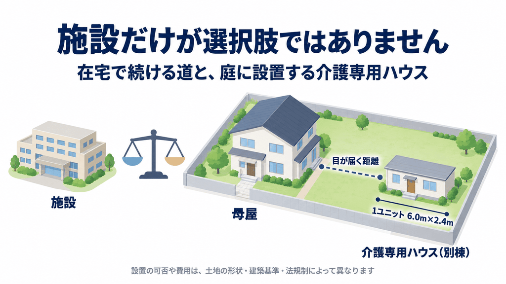 母屋の庭に介護専用ハウス(別棟)を設置した敷地の配置図と、施設との比較を天秤で示した図