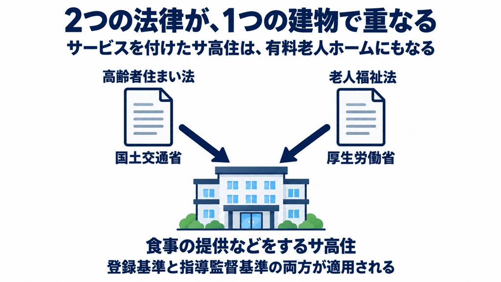 高齢者住まい法と老人福祉法の2つから矢印が伸び、食事の提供などをするサ高住に登録基準と指導監督基準の両方が適用されることを示した図