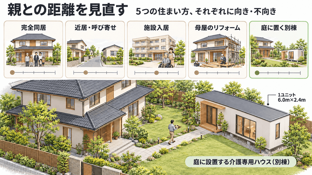 完全同居・近居・施設・母屋のリフォーム・庭に置く別棟の5つの住まい方の比較と、母屋の横に設置した介護専用ハウスへ食事を運ぶ様子の俯瞰図