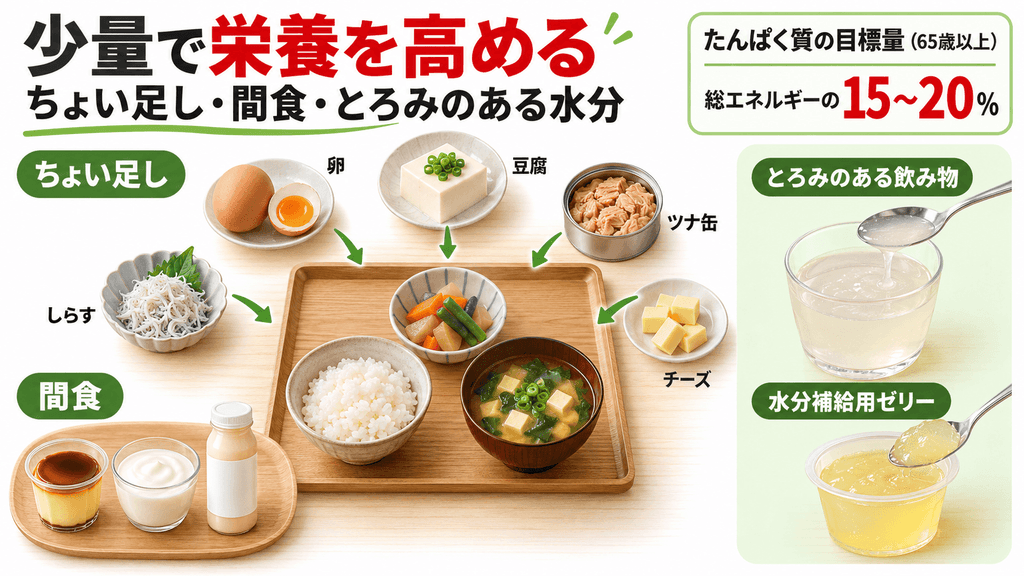 小盛りの食事に卵・豆腐・ツナ缶・しらす・チーズをちょい足しし、間食やとろみのある飲み物で栄養と水分を補う工夫の図解