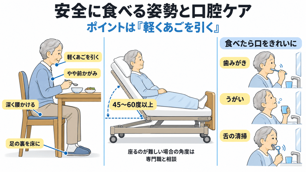 椅子では深く腰かけて足の裏を床につけ、軽くあごを引いてやや前かがみ、ベッドでは上半身を45〜60度以上起こす食事姿勢と、歯みがき・うがい・舌の清掃の口腔ケアを示す図解