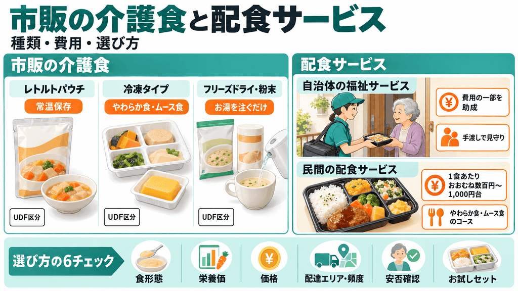 レトルト・冷凍・フリーズドライの市販の介護食と、自治体と民間の配食サービス、選ぶときの6つのチェック項目を示す図解
