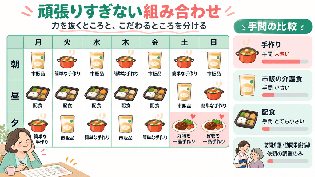 昼は配食、朝夕は市販品や簡単な手作り、週末は好物を手作りする1週間の献立例と、手作り・市販・配食・訪問介護の手間の比較を示す図解