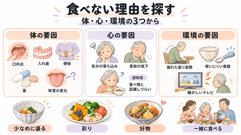 食べてくれない原因を体・心・環境の3つに分け、少なめに盛る・彩り・好物・一緒に食べるといった工夫を示す図解