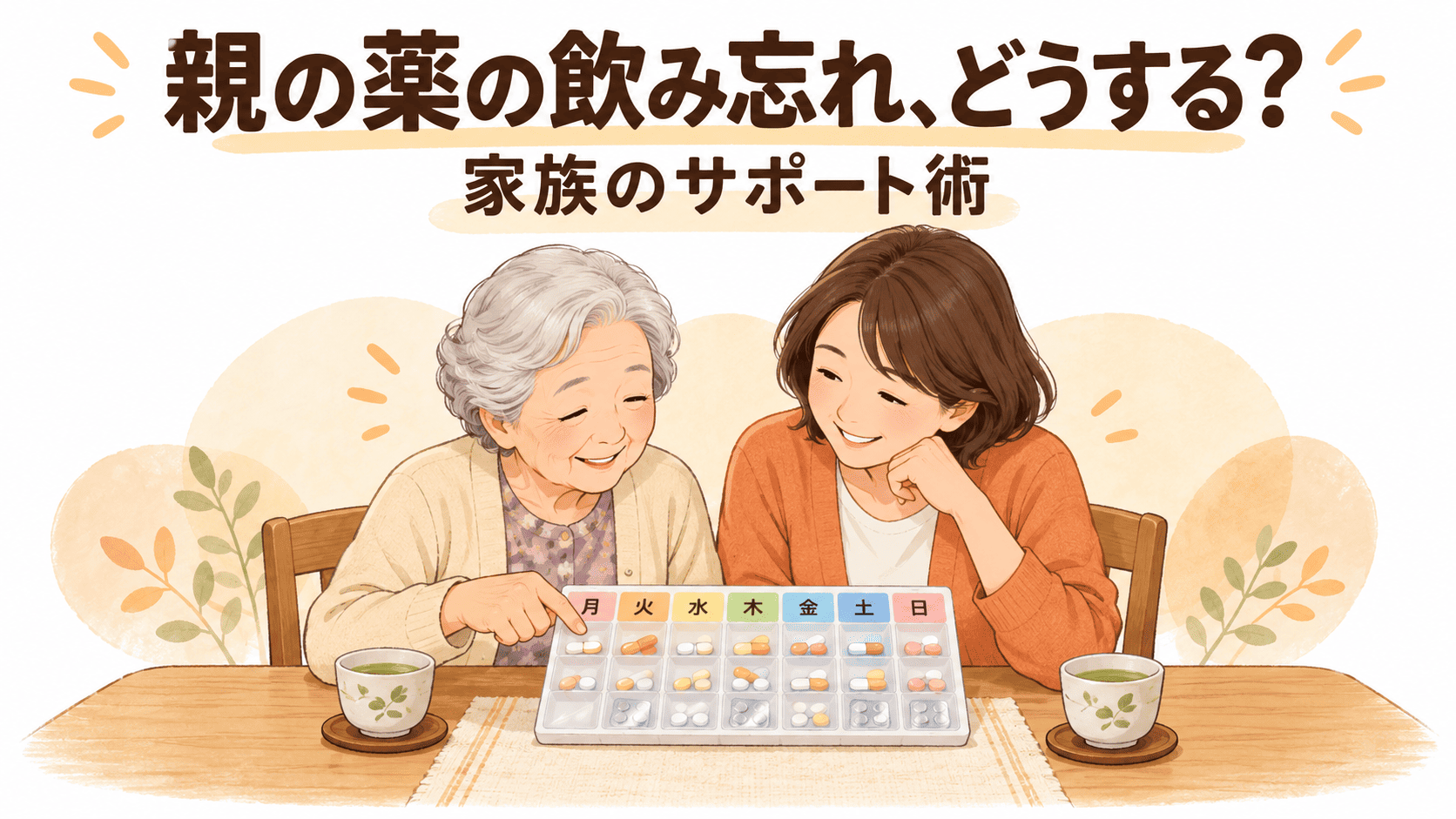 食卓で親子が一緒に薬を確認する様子を描いた、家族のサポートをテーマにした温かいサムネイル画像