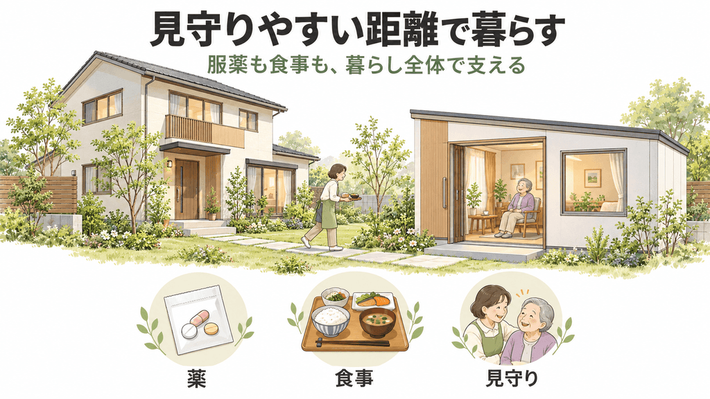庭の介護専用ハウスと見守る家族を描いた、暮らし全体で支える図解