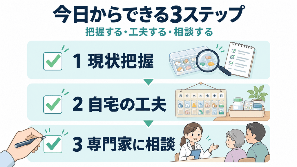 現状把握・工夫・相談の3ステップを示した実行チェックリストの図解