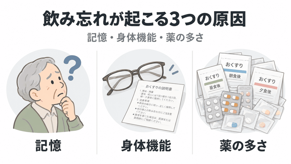 記憶・身体機能・多剤という飲み忘れの3原因をアイコンで示した図解