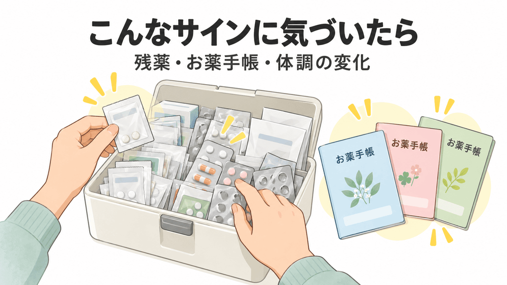 残薬や複数のお薬手帳など、飲み忘れのサインを確認する様子の図解