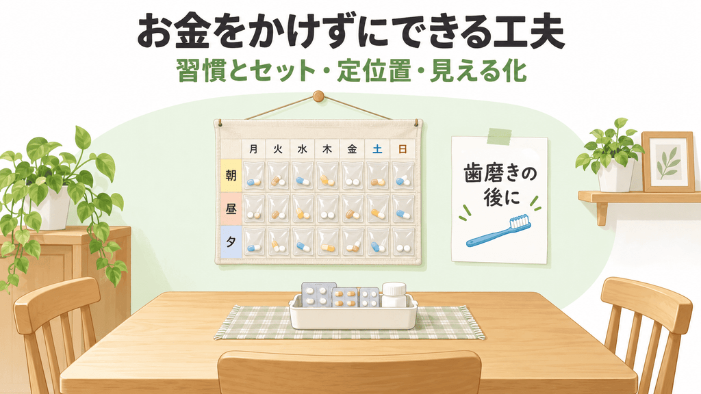 生活習慣と結びつけた服薬の工夫を描いた図解イラスト