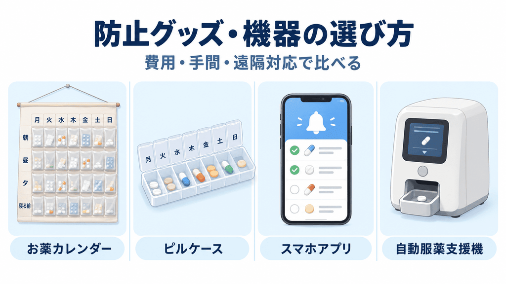 お薬カレンダーから自動服薬支援機まで飲み忘れ防止グッズを比較した図解