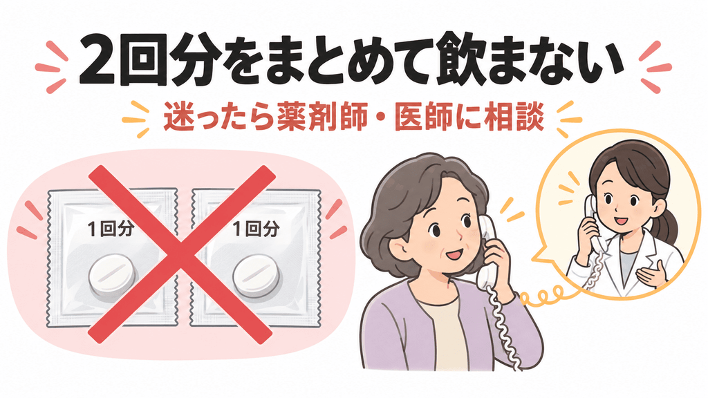 飲み忘れ時に2回分をまとめないという原則と相談を示した注意喚起の図解