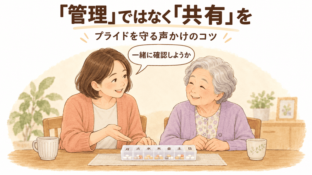 親に寄り添い優しく声をかける家族を描いた、共有の姿勢を表す図解