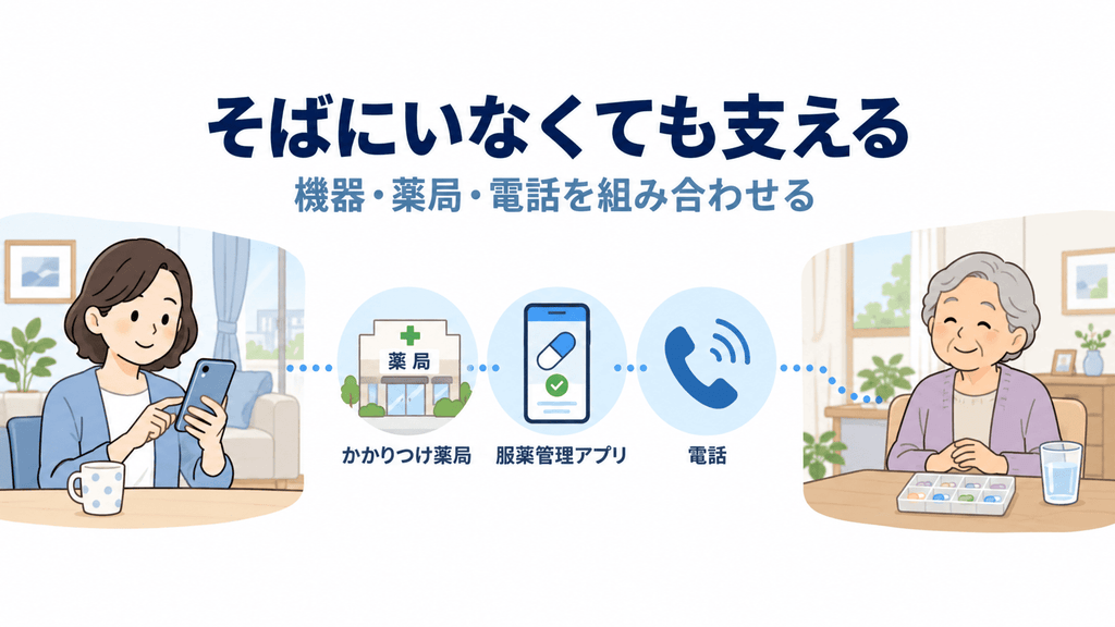 離れて暮らす親子を機器や薬局がつなぐ遠距離の見守りの仕組み図解