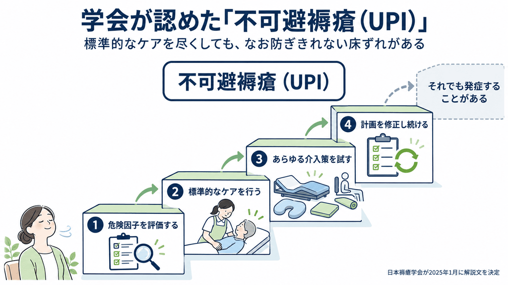 不可避褥瘡の概念図。危険因子の評価から計画修正までを尽くしても発症する床ずれがあることを階段状に示した図