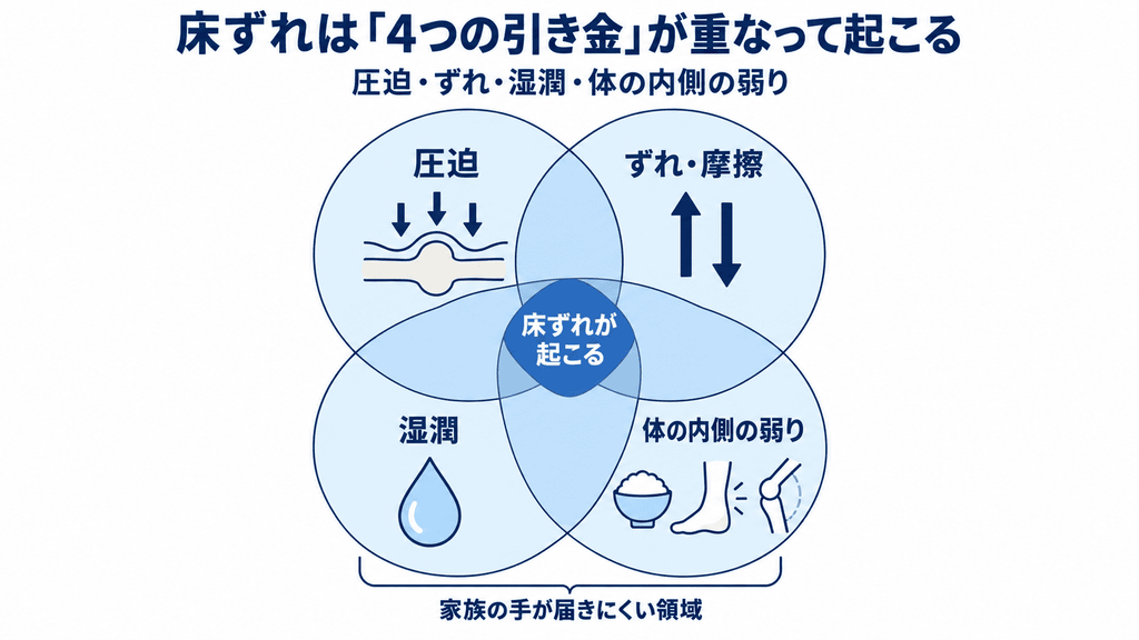 床ずれの4つの要因（圧迫・ずれ・湿潤・体の内側の弱り）が重なることを示すベン図