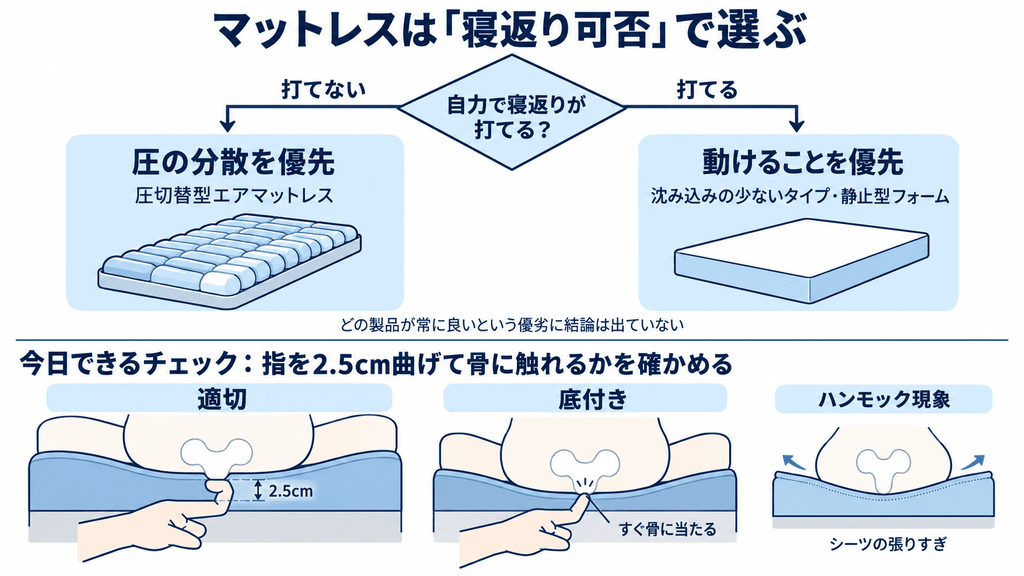 寝返りができるかで体圧分散マットレスを選び分けるフローチャートと、底付きを指で確認する方法の図解