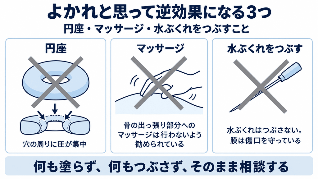 床ずれ対策で避けるべき3つの行為（円座の使用・マッサージ・水ぶくれをつぶす）を示した注意喚起の図